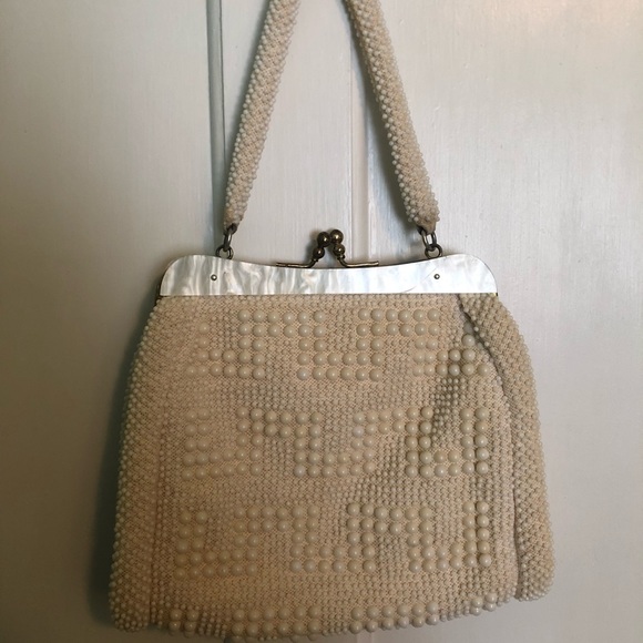 Vintage white 50s 60s beaded lucite purse - Picture 1 of 6